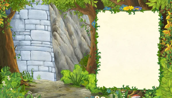 Scena di natura del fumetto con torre del castello nel bosco con cornice per testo - illustrazione per i bambini — Foto Stock
