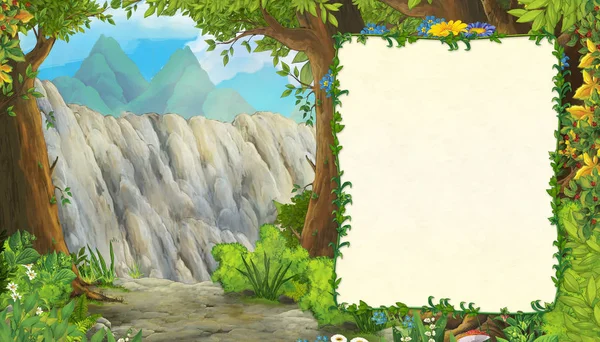 Cartoon scene with mountains valley near the forest with frame for text illustration for children — Stock Photo, Image