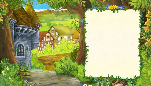 Kreskówkowa scena letnia ze ścieżką do wsi wiejskiej z ramką na tekst - nikogo na scenie - ilustracja dla dzieci — Zdjęcie stockowe