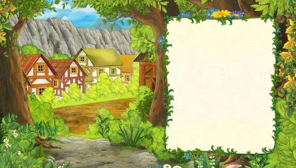 Scena estiva dei cartoni animati con percorso al villaggio agricolo con cornice per testo - nessuno sulla scena - illustrazione per bambini — Foto Stock