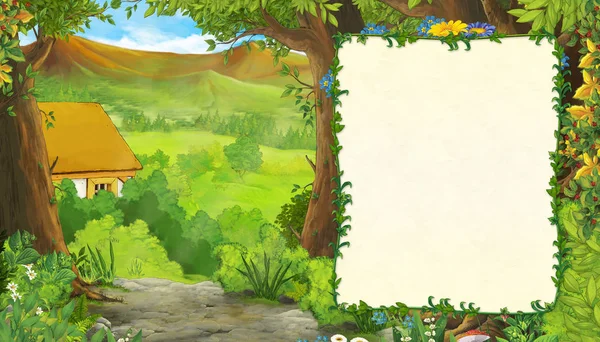 Kreslená letní scéna s loukou v lese s rámečkem pro ilustraci textu pro děti — Stock fotografie