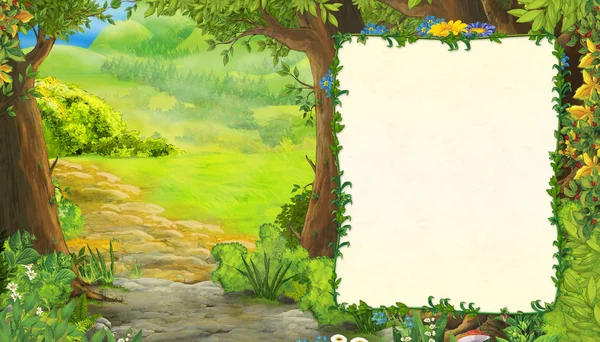 Escena de verano de dibujos animados con prado en el bosque con marco para ilustración de texto para niños — Foto de Stock