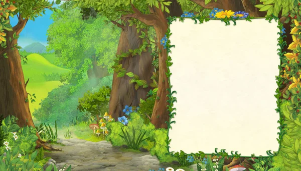 Cartoon summer scene with meadow in the forest with frame for text illustration for children — Stock Photo, Image