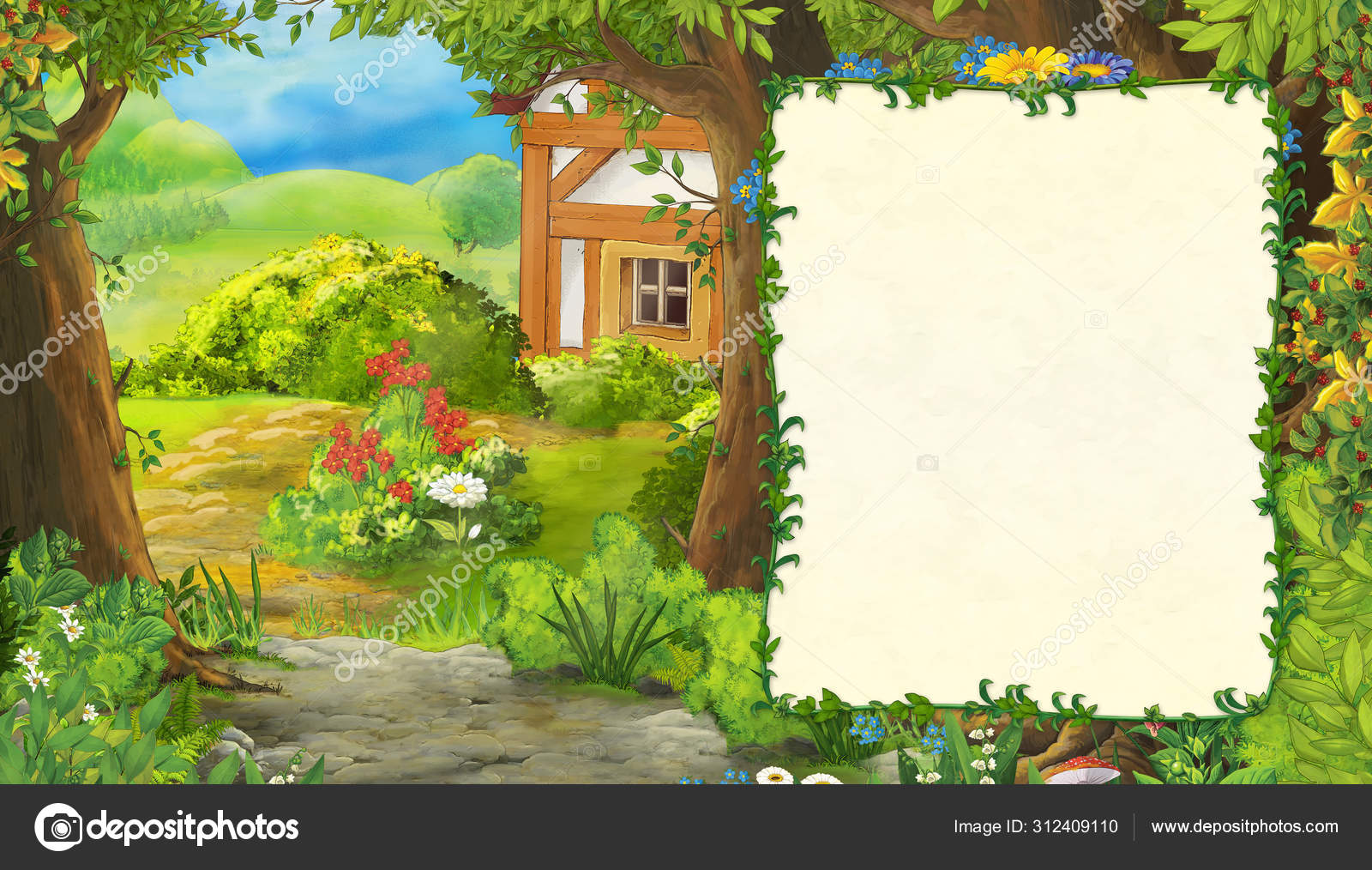 Cartoon summer scene with path to the farm village with frame for text - nobody on the scene - illustration for children Stock Photo by ©illustrator_hft 312409110 Cartoon summer scene with path to the farm village with frame for text - nobody on the scene - illustration for children Stock Photo by ©illustrator_hft 312409110