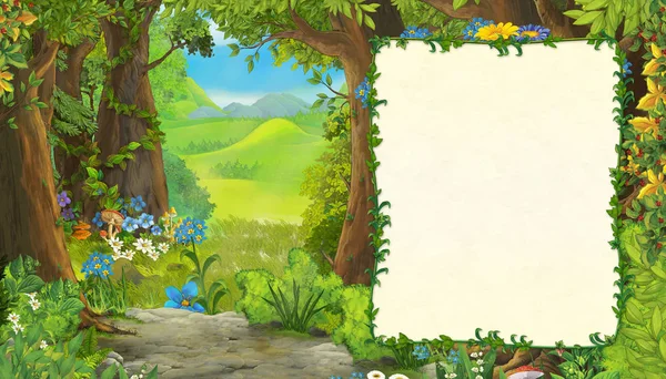 Tecknad sommar scen med äng i skogen med ram för text illustration för barn — Stockfoto