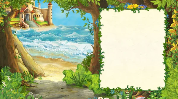 Cartoon přírodní scéna s krásným hradem s rámem pro text - ilustrace pro děti — Stock fotografie
