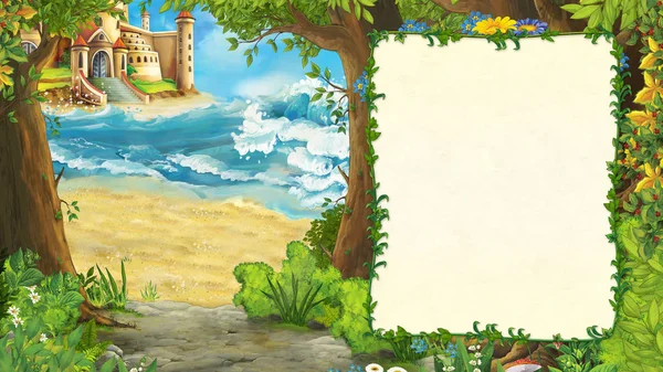 Kreslená scéna krásného hradu u pláže a oceánu nebo moře s rámečkem pro text - ilustrace pro děti — Stock fotografie