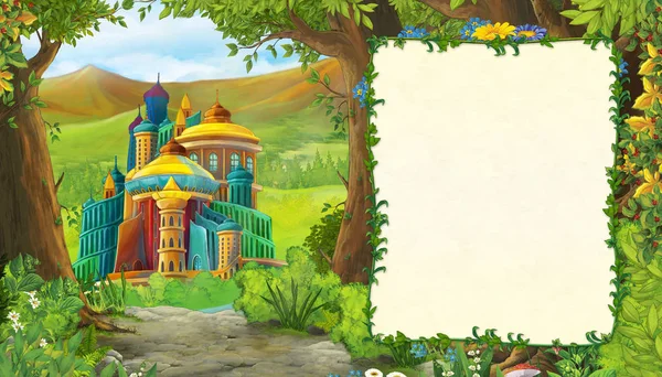 Dibujos animados escena de la naturaleza con hermoso castillo con marco para el texto - ilustración para los niños — Foto de Stock