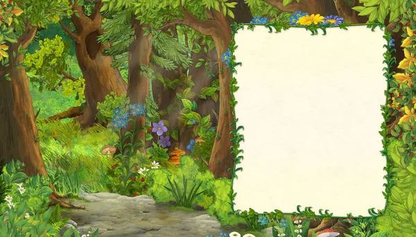 Escena de verano de dibujos animados con prado en el bosque con marco para ilustración de texto para niños —  Fotos de Stock
