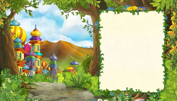 Dessin animé scène de nature avec beau château avec cadre pour le texte - illustration pour les enfants — Photo