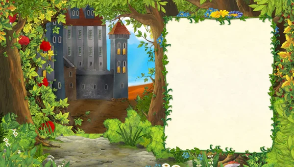 Tecknad natur scen med vacker slott med ram för text - illustration för barnen — Stockfoto