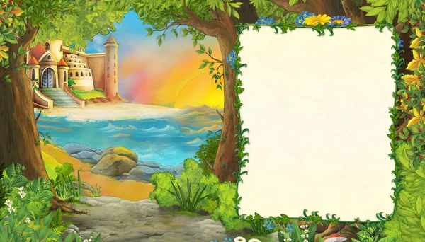 Scène de dessin animé de beau château au bord de la plage et de l'océan ou de la mer avec cadre pour le texte - illustration pour les enfants — Photo