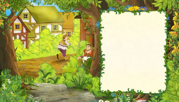 Tecknad sommar scen med väg till gården byn med ram för text - ingen på scenen - illustration för barn — Stockfoto