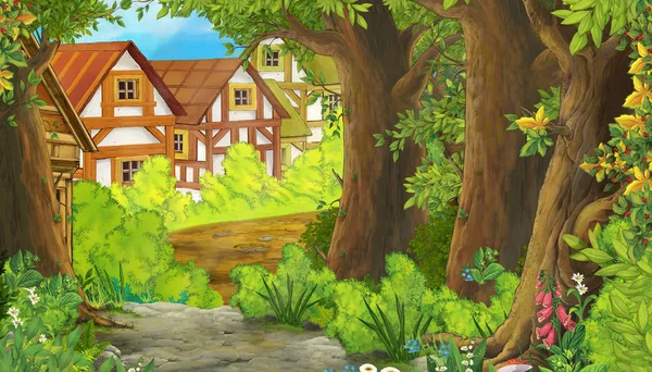 Мультфильм летняя сцена с дорожкой к деревне фермы с рамкой для текста - никого на сцене - иллюстрация для детей — стоковое фото