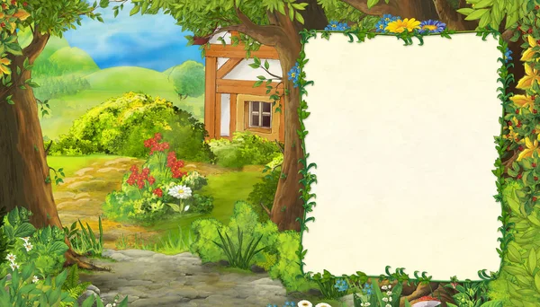 Escena de verano de dibujos animados con camino a la aldea de la granja con marco para el texto - nadie en la escena - ilustración para los niños —  Fotos de Stock
