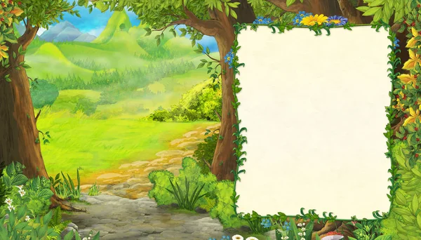 Escena de verano de dibujos animados con prado en el bosque con marco para ilustración de texto para niños — Foto de Stock