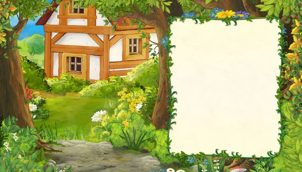 Cartoon summer scene with path to the farm village with frame for text - nobody on the scene - illustration for children — Stock Photo, Image