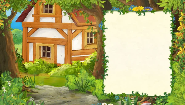 Escena de verano de dibujos animados con camino a la aldea de la granja con marco para el texto - nadie en la escena - ilustración para los niños —  Fotos de Stock