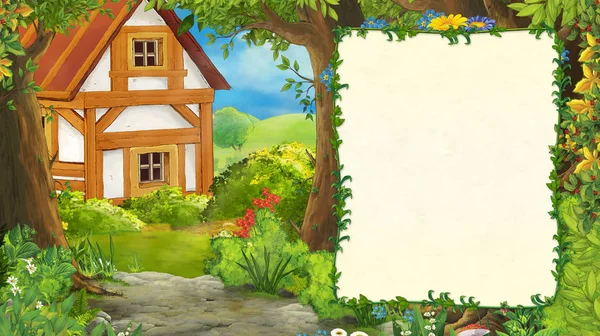 Tecknad sommar scen med väg till gården byn med ram för text - ingen på scenen - illustration för barn — Stockfoto