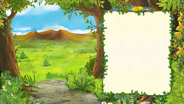 Escena de verano de dibujos animados con prado en el bosque con marco para ilustración de texto para niños — Foto de Stock