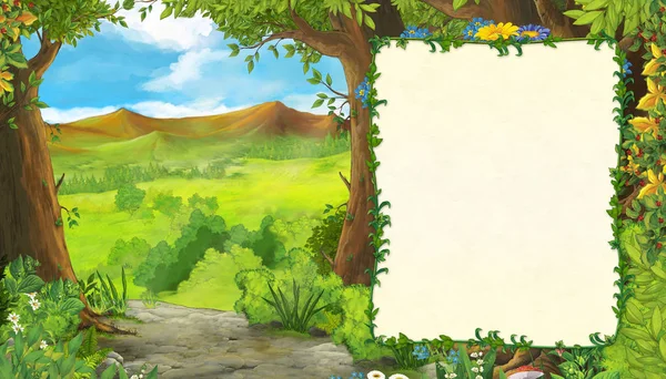 Cartone animato scena estiva con prato nella foresta con cornice per illustrazione di testo per bambini — Foto Stock