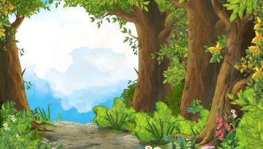 Ormanda yolu olan bir karikatür yaz sahnesi - olay yerinde kimse yok- çocuklar için çizim