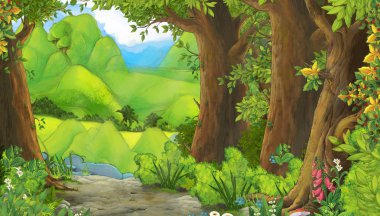 Ormanda yolu olan bir karikatür yaz sahnesi - olay yerinde kimse yok- çocuklar için çizim