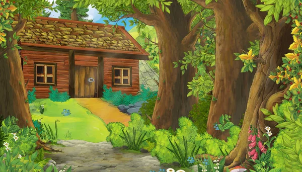 Мультяшная сцена с горами и долиной с фермерским домом и садом рядом с лесной иллюстрацией для детей — стоковое фото