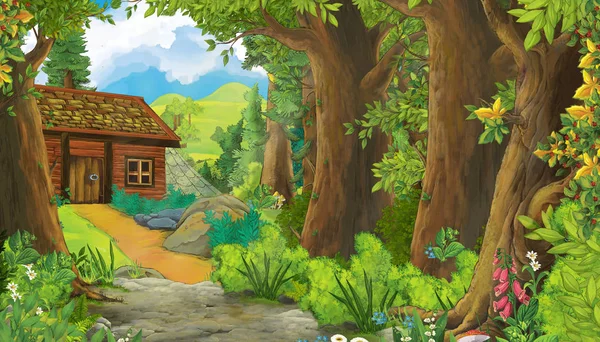 Escena de dibujos animados con montañas y valle con casa de campo y jardín cerca del bosque ilustración para niños — Foto de Stock