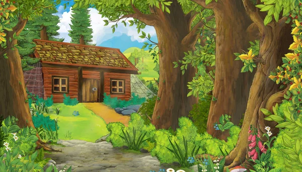 Escena de dibujos animados con montañas y valle con casa de campo y jardín cerca del bosque ilustración para niños —  Fotos de Stock
