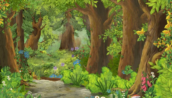 cartoon summer scene with path in the forest - nobody on scene - illustration for children