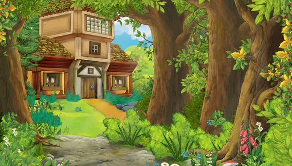 Cartoon scene with mountains and valley with farm house and garden near the forest illustration for children — Stock Photo, Image