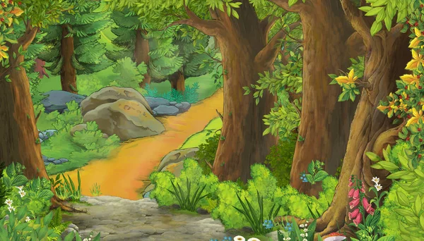 Tecknad Sommarscen med äng i skogen illustration för barn — Stockfoto