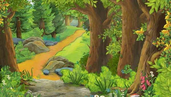 Cartone animato scena estiva con prato nella foresta illustrazione per bambini — Foto Stock