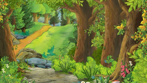 Escena de verano de dibujos animados con prado en el bosque ilustración para niños —  Fotos de Stock