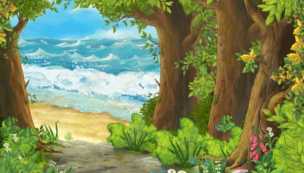 Escena de dibujos animados de hermosa orilla o playa junto al mar o el lago - ilustración para niños — Foto de Stock