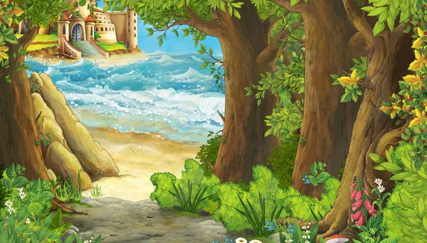 Scena kreskówki pięknego zamku przy plaży i oceanu lub morza ilustracji dla dzieci — Zdjęcie stockowe