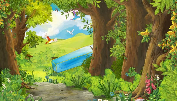 Escena de verano de dibujos animados con prado en el bosque con pájaros volando con ilustración caja de vidrio para niños — Foto de Stock