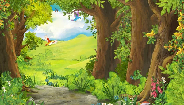 Escena de verano de dibujos animados con prado en el bosque con pájaros volando ilustración para niños —  Fotos de Stock