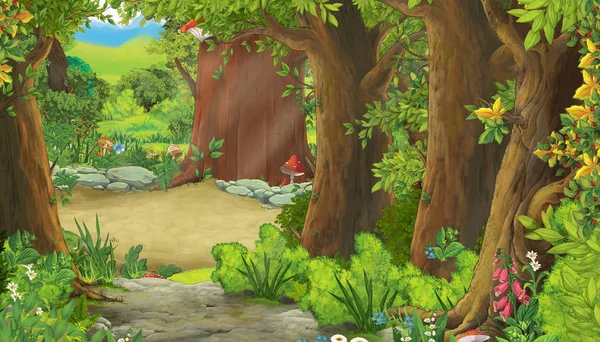 Cartone animato scena estiva con percorso nella foresta - nessuno sulla scena - illustrazione per i bambini — Foto Stock