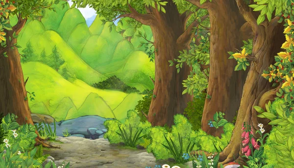 Летняя сцена мультфильма с тропинкой в лесу - никто на сцене - иллюстрация для детей — стоковое фото