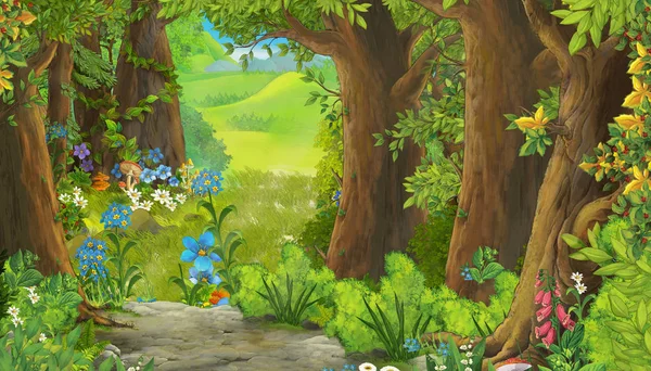 Dessin animé scène d'été avec sentier dans la forêt - personne sur place - illustration pour enfants — Photo