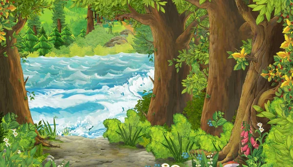 Scena kreskówki pięknego brzegu lub plaży nad oceanem lub morzem w pobliżu jakiegoś lasu-ilustracja dla dzieci — Zdjęcie stockowe