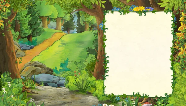 Cartoon scene met bergen vallei in de buurt van het bos met frame voor tekst illustratie voor kinderen — Stockfoto