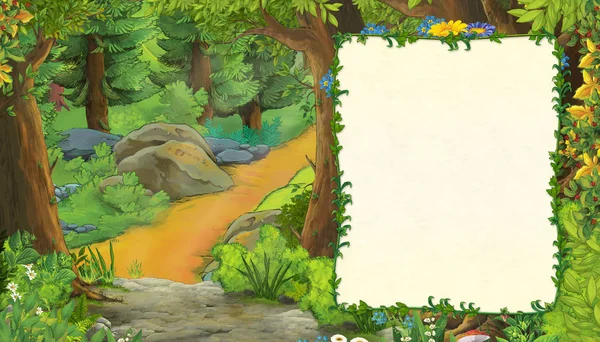Adegan kartun dengan pegunungan lembah dekat hutan dengan bingkai untuk teks ilustrasi untuk anak-anak — Stok Foto