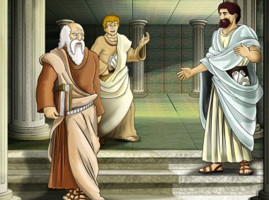 Roma ya da Yunan karakterli bir çizgi film sahnesi. Çocuklar için tapınak illüstrasyonu gibi antik bir binanın yakınında.