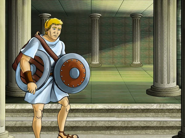 Cartoon scene with roman or greek warrior ancient character near some ancient building like temple illustration for children — Stock Photo, Image