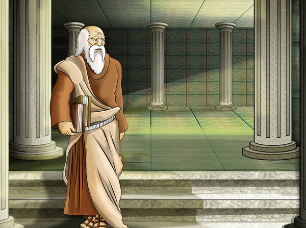 мультяшная сцена с римским или греческим древним персонажем рядом с каким-то древним зданием, как храм иллюстрация для детей
