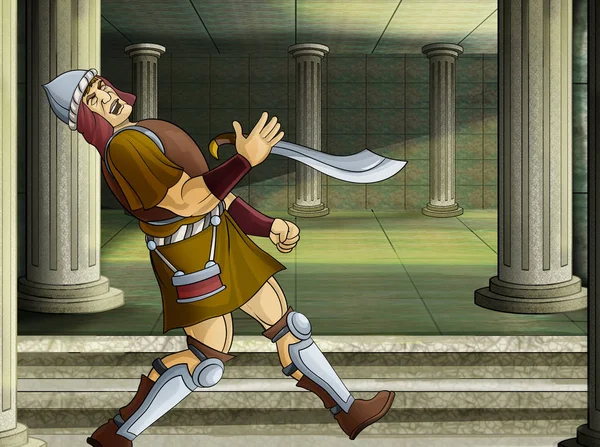 Scène de dessin animé avec romain ou grec guerrier pirate personnage antique près d'un ancien bâtiment comme illustration de temple pour les enfants — Photo