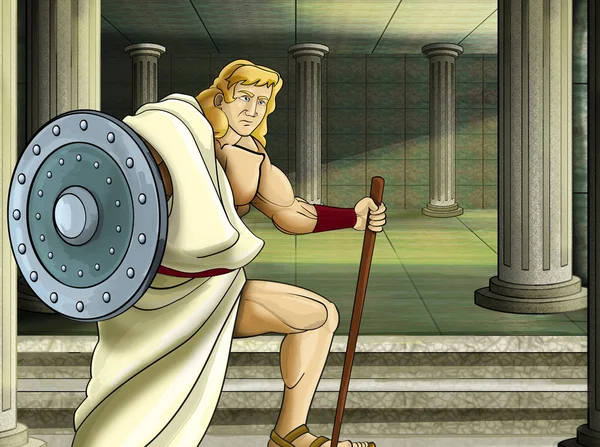 Rajzfilm jelenet római vagy görög ókori karakter közelében néhány ősi épület, mint a templom illusztráció gyerekeknek — Stock Fotó